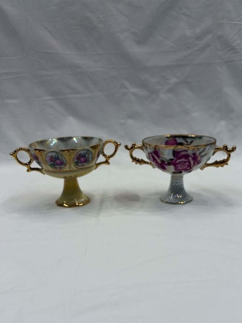 2 Vintage Royal Sealy Lusterware Pedestal Compote Cups with Floral Designs
